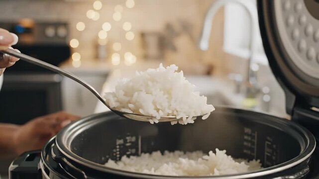 Cooked Rice Being Scooped From Rice Cooker - A hand holds a spoonful of fluffy cooked rice, freshly scooped from an open rice cooker.