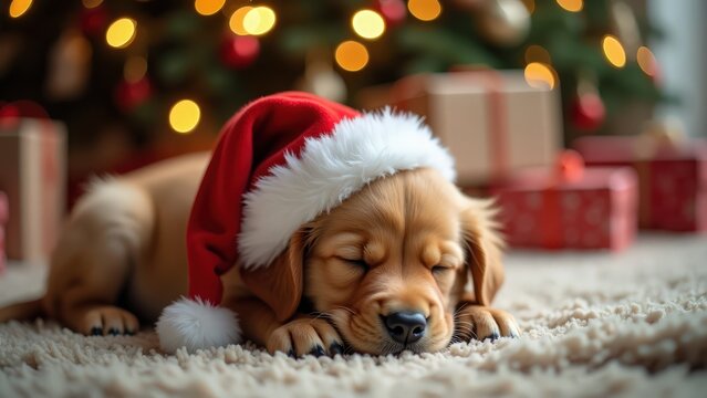 A cute golden retriever puppy wearing a Santa hat peacefully sleeping on a cozy carpet with Christmas decorations in the background.