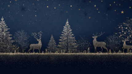 Golden deer and pine tree silhouettes with starry night sky and glittering ground in dark blue background