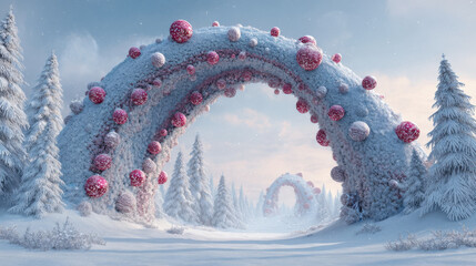 Snowy arch with red and white spheres in winter forest landscape under soft sky light