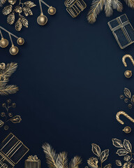 Christmas decoration frame with gift box, candy cane, pine cone, and bauble on dark background