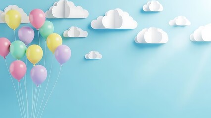 Pastel Balloons with Paper Clouds on Light Blue Background