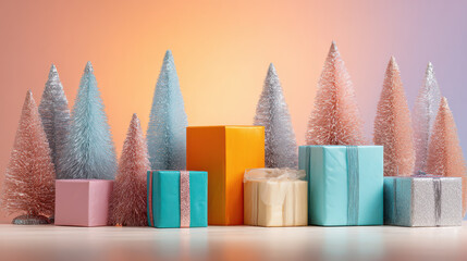 Colorful gift box with decorative pastel Christmas tree on orange background, festive holiday celebration with soft lighting