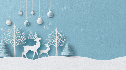 Winter forest with white reindeer and snow covered trees under hanging ornaments on blue background