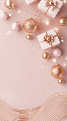 Soft pink and gold Christmas ornaments and gift boxes with ribbons arranged on pastel background with delicate string lights and decorative waves