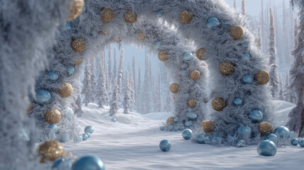 Winter archway decorated with blue and gold baubles in snowy forest landscape with frosted trees and soft light