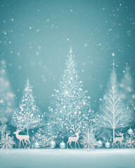 Winter forest with white Christmas trees and deer silhouettes in snow, creating peaceful and festive holiday atmosphere