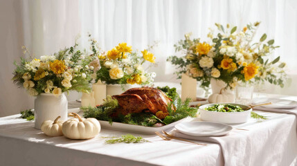 Roasted turkey on white tablecloth surrounded white pumpkins and yellow floral arrangements, creating warm festive atmosphere
