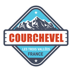 Courchevel ski resort, French Alps emblem with snow-covered mountains, vector