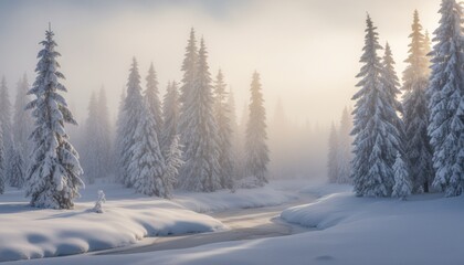 Snow covered evergreen forest with a frozen stream in soft morning light