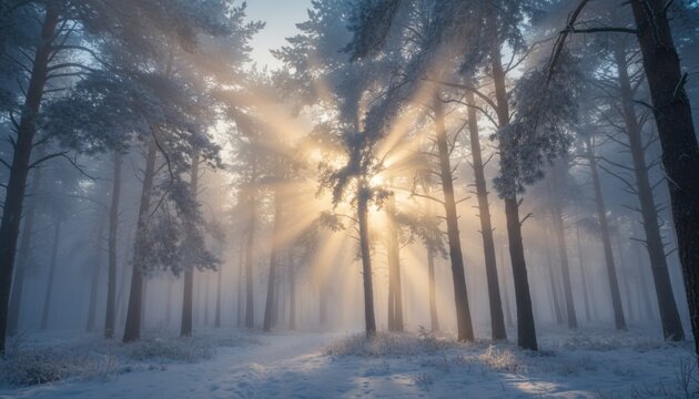 Sun rays shining through tall winter forest trees at sunrise - Powered by Adobe