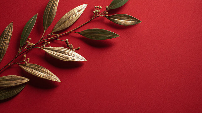 An image of a branch of leaves with gold tips against a vibrant red background, creating a sophisticated and elegant visual with natural elements and rich color contrast.