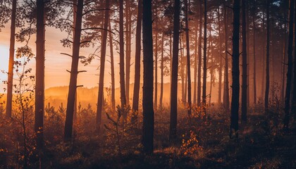 Naklejka premium Tall pine trees stand in a forest with a warm orange sunset casting a hazy glow through the mist nature