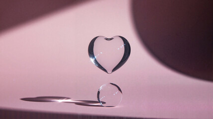 Transparent heart-shaped crystal on pink background with shadow