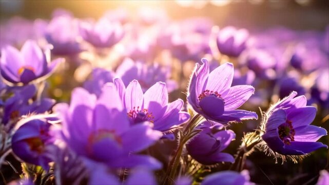Close up of vibrant purple flowers with sunlight shining ideal for background use spring season
