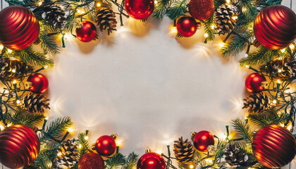 Festive Christmas wreath border with red ornaments pinecones and glowing lights on a light background