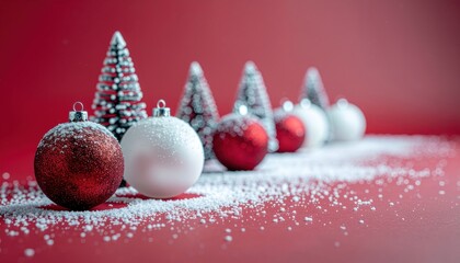 Red and white Christmas ornaments and frosted trees dusted with snow on a red background festive holiday