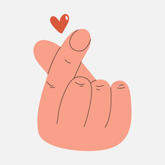 Hand K-heart gesture. Crossed thumb and index finger making heart symbol, trendy Korean love support sign, palm fingers shape for valentine day. Vector flat illustration