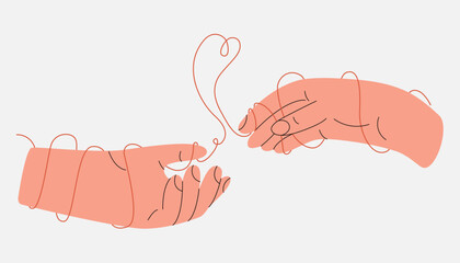 Hands holding together. Two hands connected with red line heart shape, human palms fingers romantic gesture, love friendship affection care support concept. Vector flat illustration