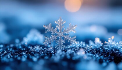Intricate snowflake detail on icy surface with soft blue and bokeh background ice macro winter cold crystal