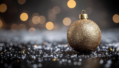 A single glittering gold Christmas ornament rests on a dark surface dusted with snow and soft blurry lights