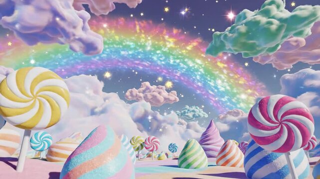 Colorful Candy Land with Rainbow Sky - This video showcases a whimsical landscape filled with giant lollipops, striped candy structures, fluffy clouds, and a vibrant rainbow spanning across the sky.