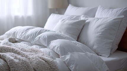 A cozy bed featuring fluffy white pillows and a soft blanket, illuminated by natural light, creates an inviting and serene atmosphere for rest and relaxation. Perfect!