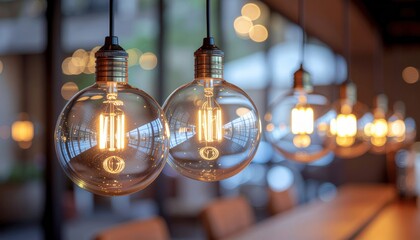 Several glowing Edison filament light bulbs hanging in a row reflecting the interior and bokeh lights