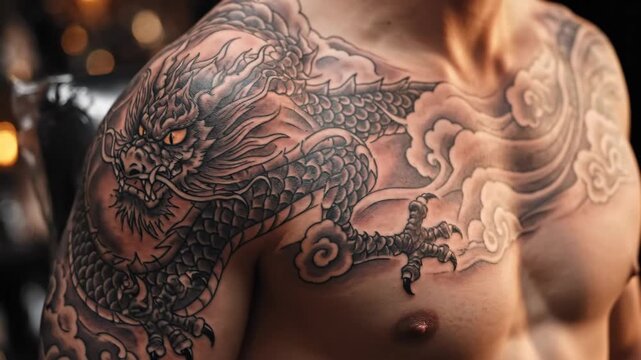 Dragon Tattoo on Shoulder with Clouds - Close-up on a man's shoulder and chest featuring an intricate dragon tattoo design.