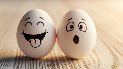 Happy and Surprised: Two Eggs with Cartoon Facial Expressions