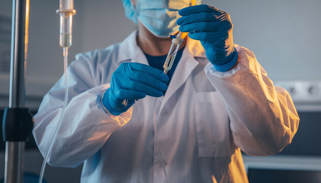 Medical professional prepares intravenous drip in a clinical setting.