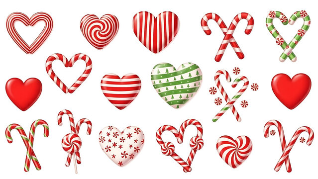 heart shaped candy canes, Candy canes red clipart set. Candy cane, lollipop and peppermint candy clip art collection with shape and pattern like spiral, stripes, swirl, pine tree, heart and star for C