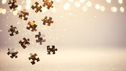 Floating Christmas Puzzle Pieces with Golden Bokeh.