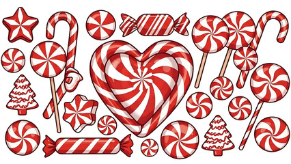 heart shaped candy canes, Candy canes red clipart set. Candy cane, lollipop and peppermint candy clip art collection with shape and pattern like spiral, stripes, swirl, pine tree, heart and star for C