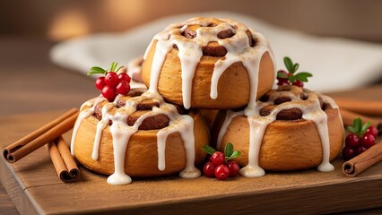 Festive Cinnamon Rolls with Glaze Drizzle Studio Shot