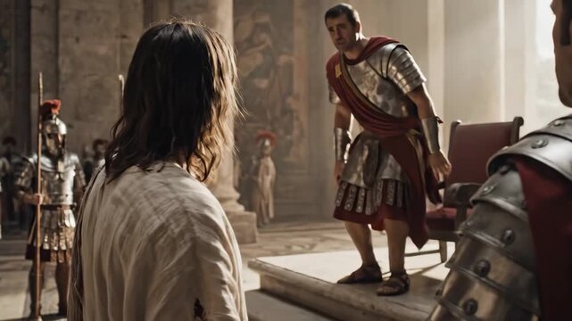 Jesus Christ Before Roman Authority - Jesus Christ stands in a white robe before a Roman soldier in full armor. This is likely a scene depicting his arrest and trial during the events of Good Friday.