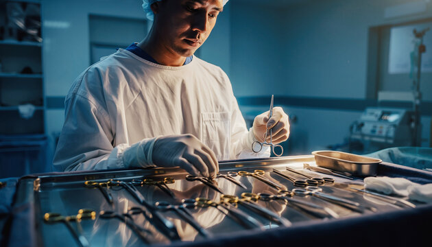 Surgeon in sterile room preparing surgical instruments for operation. - Powered by Adobe