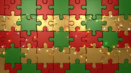 Christmas puzzle background with red, green, and gold colors, festive holiday concept.