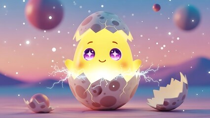 Cute Egg Hatching Character with Star Eyes and Lightning Effect