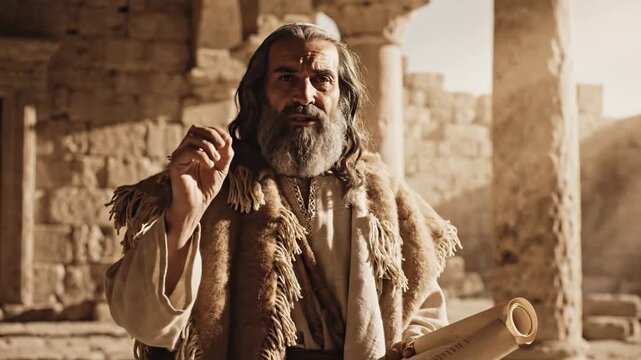 Ancient Jewish Man Holding Scroll - A man resembling a Jewish elder or biblical figure stands in front of ancient ruins. He's holding a rolled scroll and gesturing with his hand.