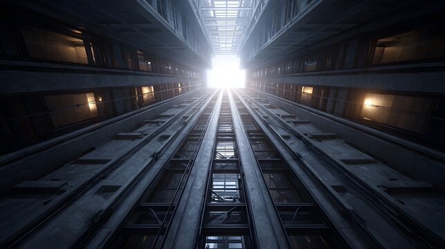 Looking up through a vast modern elevator shaft towards a bright glowing ceiling - Powered by Adobe