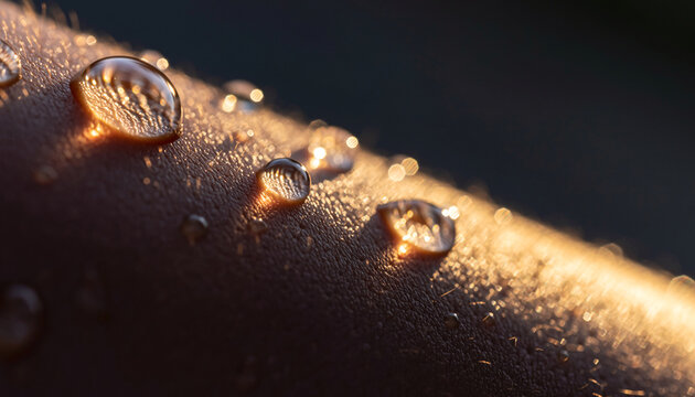 Close-up of water droplets on skin illuminated by golden light.