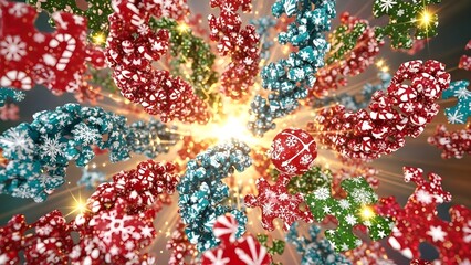 Christmas festive explosion background with ornaments, snowflakes, and festive spirit.