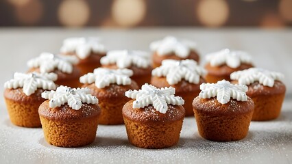 Mini Gingerbread Cupcakes with Icing Snowflakes in Festive Studio Shot