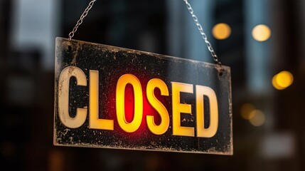 An illuminated "CLOSED" sign hangs against a dark backdrop, signaling the business is not currently open. The sign glows warmly, creating a soft, inviting light.