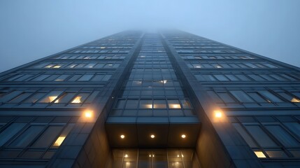 A tall modern glass skyscraper disappearing into thick fog at dawn creating a mysterious and imposing urban atmosphere