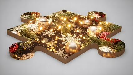 Christmas Puzzle Piece Decorated with Ornaments and Lights Festive Holiday Season.