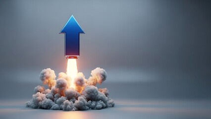 Blue Arrow Rocket Launching with Smoke, Representing Growth and Success