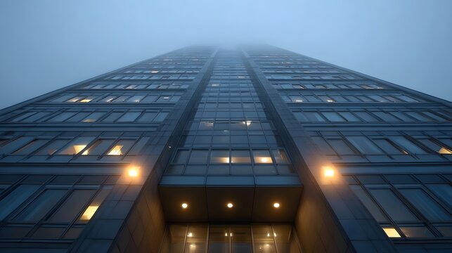 A tall modern glass skyscraper disappearing into thick fog at dawn creating a mysterious and imposing urban atmosphere