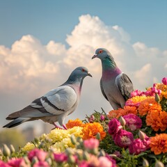 A pair of pigeons sitting on ripe multicolored blossoms, clear with a beautiful background.